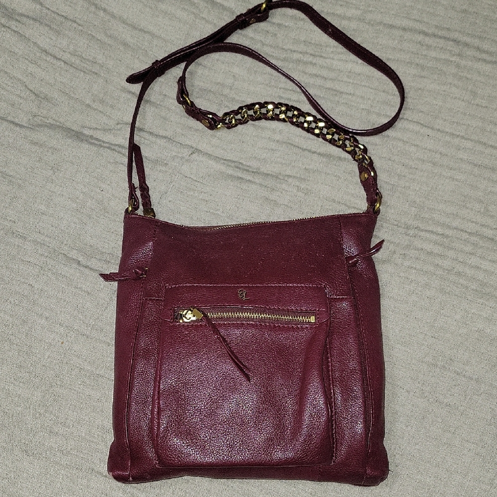 Elliott Lucca Burgundy Leather Crossbody Bag With Chain Detail On The Strap